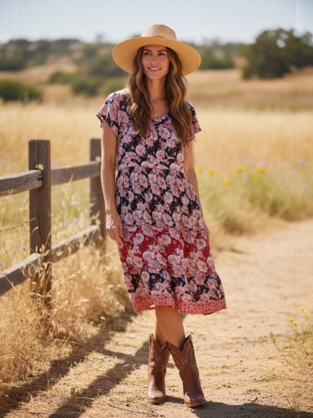 Knox Rose Women's Red Blue Floral Short Sleeve Dress, Size L